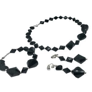Vtg Trifari Black Bicone Beaded Geometric Necklace, Bracelet, and Earrings Set